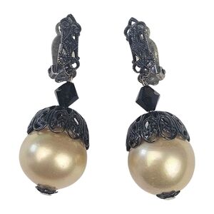 Vintage Lewis Segal Earrings Faux Pearl Filigree Bronze Tone Dangle Clip On 60s